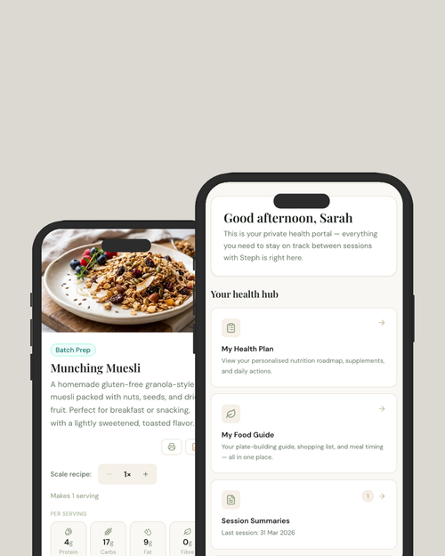 NutriDash personalised nutrition dashboard home screen — health plan, food guide, recipes, meal planner, blood results and DNA profile by Stephanie Rouillard, Registered Dietitian Cape Town